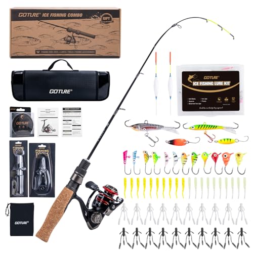 Goture Ice Fishing Rod and Reel Combo with Carry Bag, 24''Medium Spinning Ice Fishing Pole, 58Pcs Jigs & Lures with Storag...