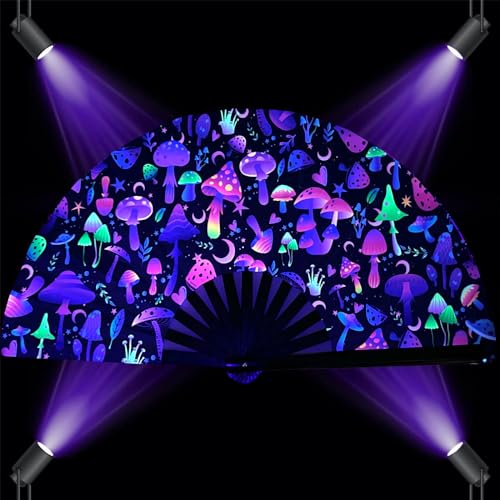 YKuzLx 13‘’ UV Glow Large Rave Fan for Men Women, Rave Essentials, Decorative Folding Hand Fan for Party, Home Decoration,...