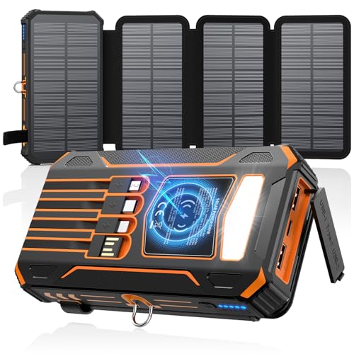 SOARAISE Solar Charger Power Bank - 48000mAh Wireless Portable Charger Built-in 4 Cables and 4 Solar Panels, PD QC 3.0 Fas...