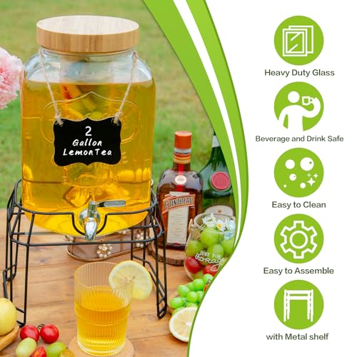 Roemey 2 Gallon Glass Drink Dispenser with Stand,Stainless Steel Leakproof Spigot &Bamboo Lid& Labels& Fruit Infuse, Large...