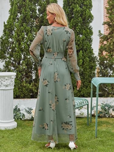 ANRABESS Women's Floral Maxi Dress 2025 Fall V Neck Puff Long Sleeve Flowy Casual Wedding Guest Tea Party Tulle Dresses