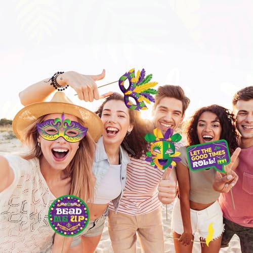 36pcs Mardi Gras Photo Booth Props, Mardi Gras Decorations, Masquerade Photo Booth Props for New Orleans Party Decorations