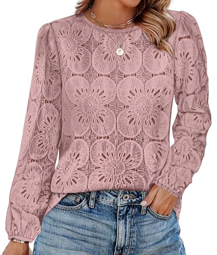 OFEEFAN Blouses for Women Dressy Casual Spring Tops 2026 Summer Outfits Flower Lace Crochet Long Sleeve Shirts