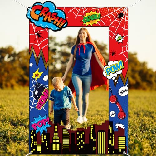 Fabric Comic Hero Photo Prop Super Theme Hero Birthday Party Decoration Red Spider Web Backdrop Banner Cityscape Theme Pho...