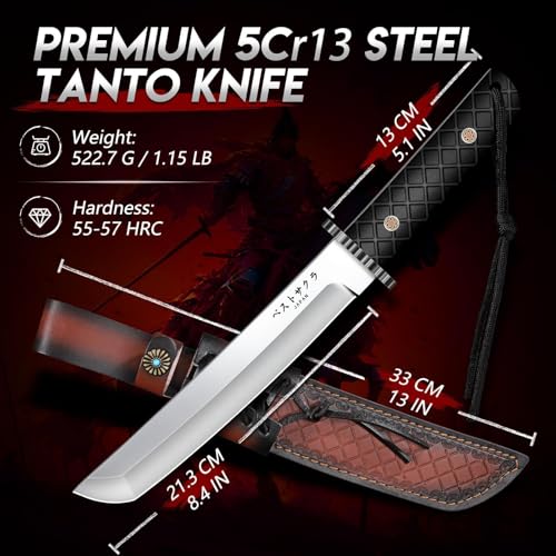 Moontay Fixed Blade Tanto Knife - Japanese Hunting Knife with Sheath, Full Tang Survival Knives with Wood Handle for Campi...