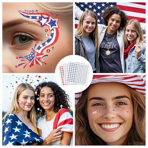 EMOME Labor Day Decorations, Glitter Faux Freckles Face Tattoos with Red White and Blue Face Gems, Patriotic Stickers Wome...