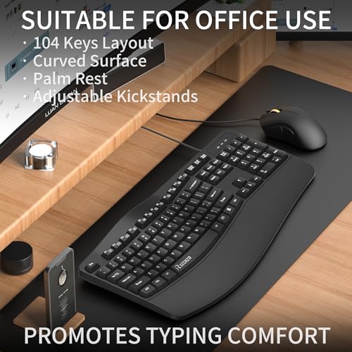 RECCAZR Ergonomic Keyboard, Wired Computer USB Keyboard with Wrist Rest, Spill-Resistant, Wave Keys for Natural Typing, Co...