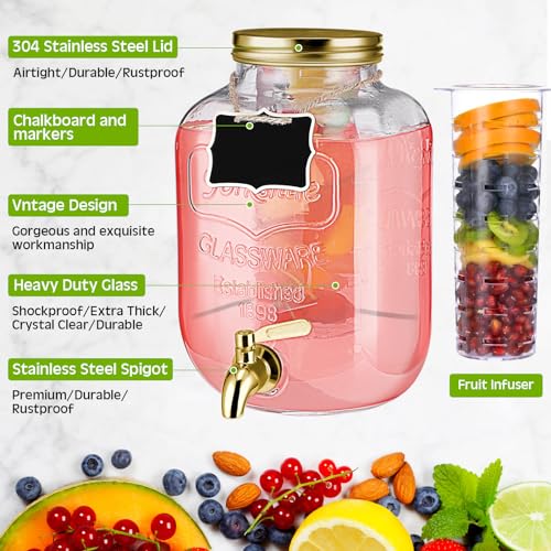 Lallisa 2 Pcs 2 Gallon Glass Drink Dispenser with Stand Ice Cylinder Hanging Chalkboard Signs 18/8 Stainless Steel Spigot ...