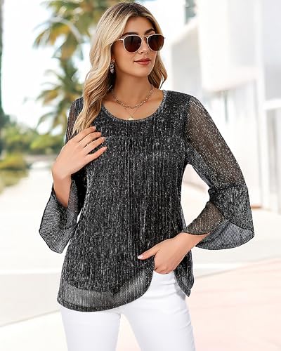 Bebonnie Women's Ruffle 3/4 Sleeve Elegant Dressy Blouses Crew Neck Double Layers Mesh Tunic Tops