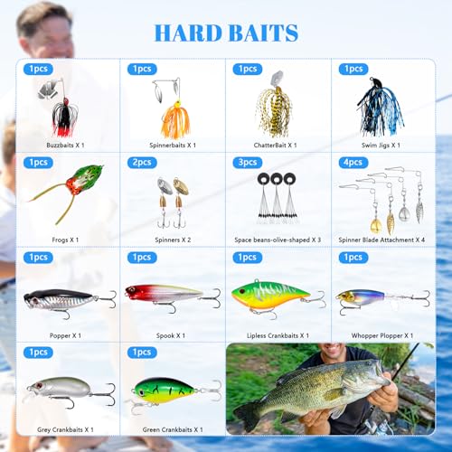 FONMANG 322-Piece Fishing Lures Kit - Buzz Bait/Spinner Baits/Jig/Frog, Fishing Tackle Box with Tackle Included, Soft Bai...