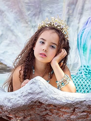 SWEETV Mermaid Tiara for Girls Women, Gold Princess Crown Diadem, Jeweled Headpiece Costume Hair Accessories for Birthday ...
