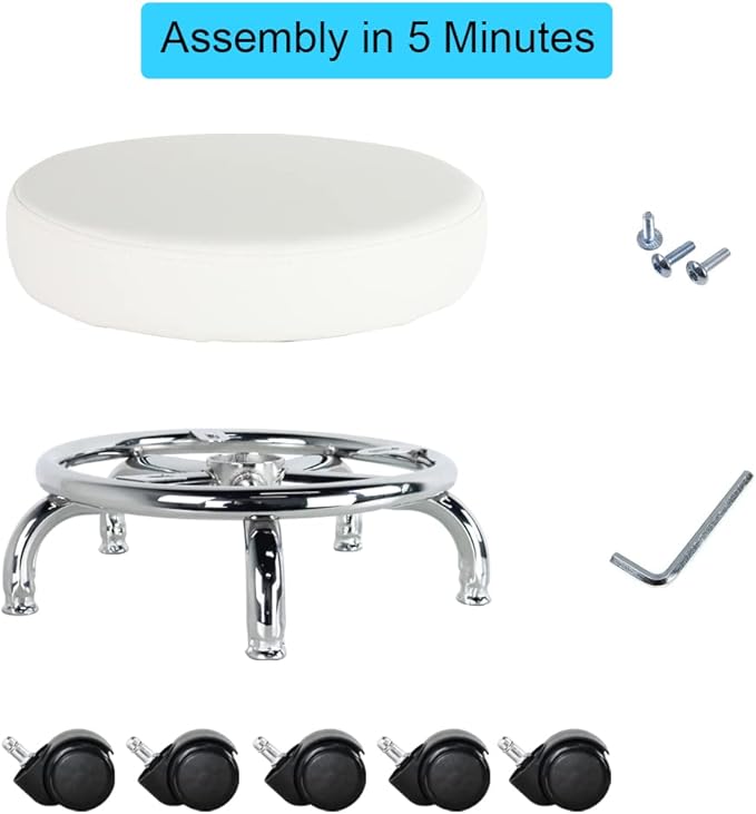 WKWKER Modern Roller Seat PU Leather Low Round Rolling Stool 360° Swivel Small Seat with Universal Wheels Foot Stool for Home Office Garage Shop Fitness Sport H：8.6" （White）