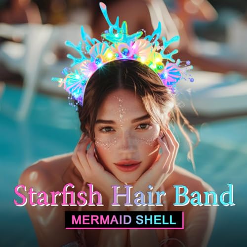 ACEDRE Light Up Mermaid Headband LED Glow Sea Shell Costume Hair Accessories for Women