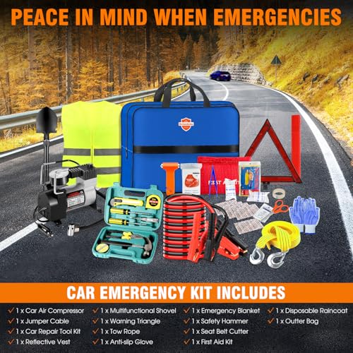 Emergency Car Kit,Roadside Emergency Tool Kit for Vehicle Truck with Air Compressor Jumper Cable First Aid Kit,Winter Auto...