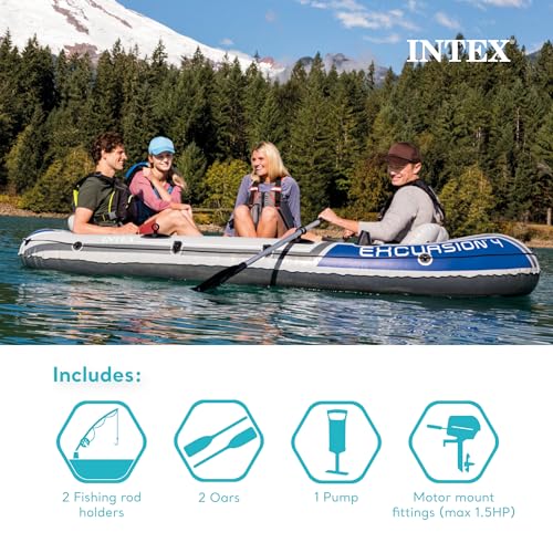 INTEX 68324EP Excursion 4 Inflatable Boat Set: Includes Deluxe 54in Boat Oars and High-Output Pump – Adjustable Seats with...
