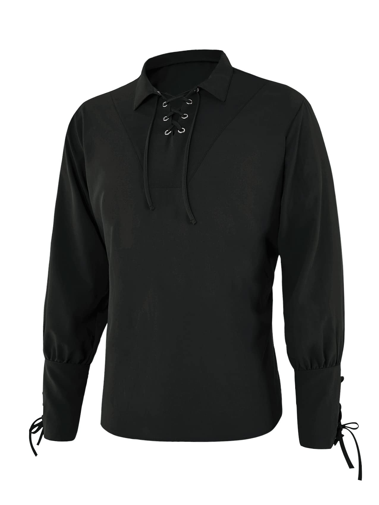 Karlywindow Mens Medieval Pirate Shirts Lace Up Scottish Mercenary Halloween Costume Shirt Tops Black