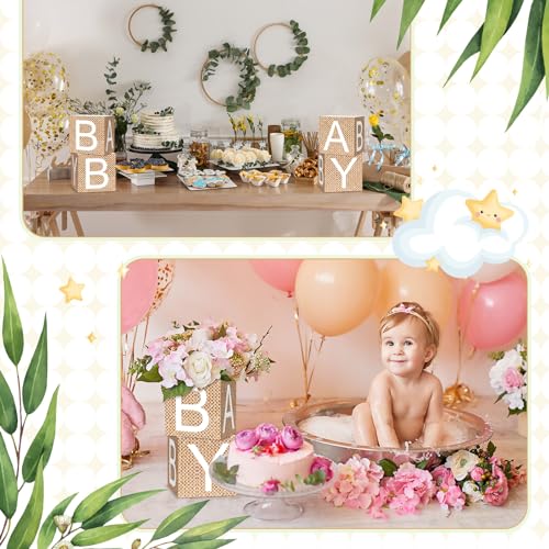 Noveread 6 Pcs Burlap Print Baby Shower Party Decorations Baby Flower Boxes Centerpiece Rustic Burlap Table Display with L...