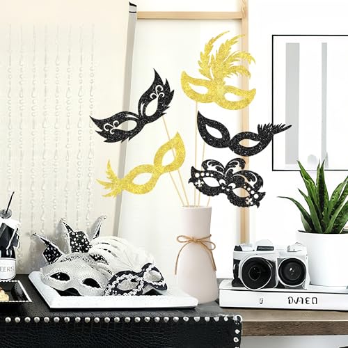 umoni Masquerade Mask Centerpiece Sticks 12Pcs Glitter Black and Gold Mask Table Toppers Venetian Mask Decorations Costume...