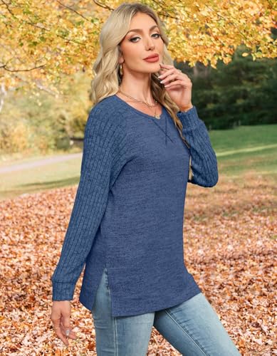 JomeDesign Long Sleeve Shirts for Women Crew Neck Sweatshirts Lightweight Sweaters Side Split Loose Casual Blouses