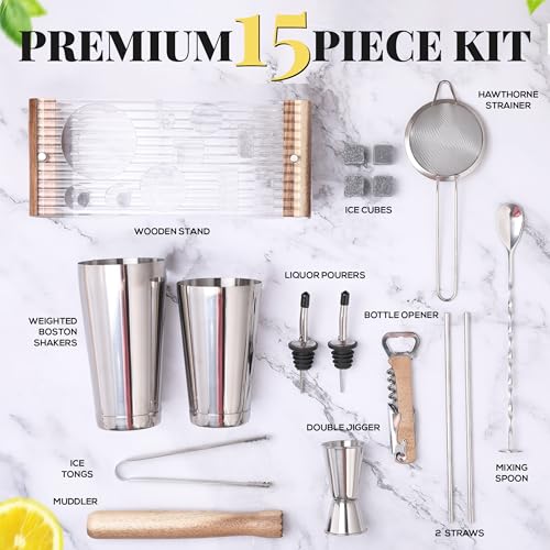 Mixology Bartender Kit with Stand - 15 Piece Bar Tool Set, Silver Bar Set Cocktail Shaker Set for Drink Mixing - Includes ...