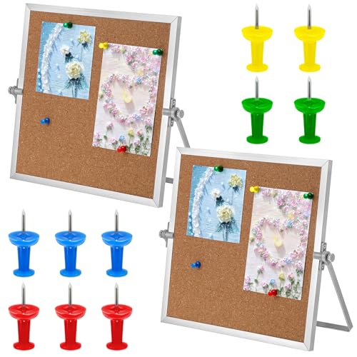 LIQWEI 2 Pack Small Bulletin Board for Desk, Double Cork Board Bulletin Boards with Silver Border, 9.8"×9.8" Double Sided ...