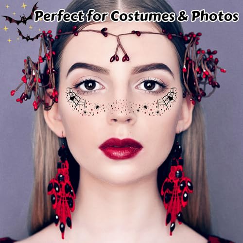 6PCS Halloween Spider Glitter Freckles Face Tattoo, Halloween Makeup Patches for Face Rave Costume Accessories (Spider Kiss)