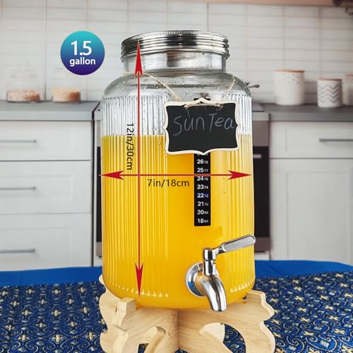Mapeoes 1.5 Gallon Glass Drink Dispenser with Spigot, Large Glass Juice Beverage Water Jar for Party and Summer Fridge, Wi...