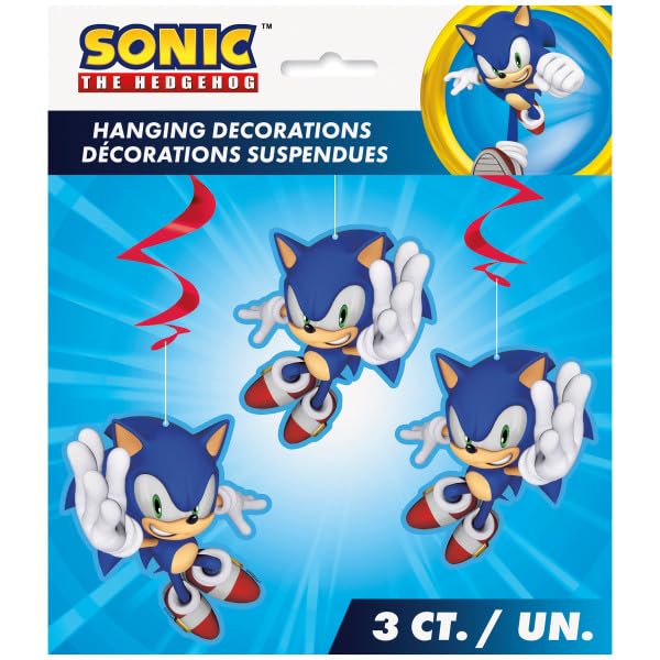 Sonic Birthday Party Supplies Bundle includes 1 Happy Birthday Paper Banner 6.25ft, 3 Hanging Swirl Decorations, 1 Dinosau...