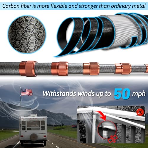 Telescoping Flag Pole, RV Ladder Flag Pole Kit, Carbon Fiber Tailgate Flagpole - 20ft Adjustable, Upgraded Metal Hook, Sui...