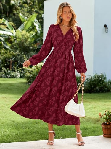 Simplee Womens Boho Floral Long Sleeve Maxi Dress V Neck Empire Waist Fall Wedding Guest Dresses with Pockets