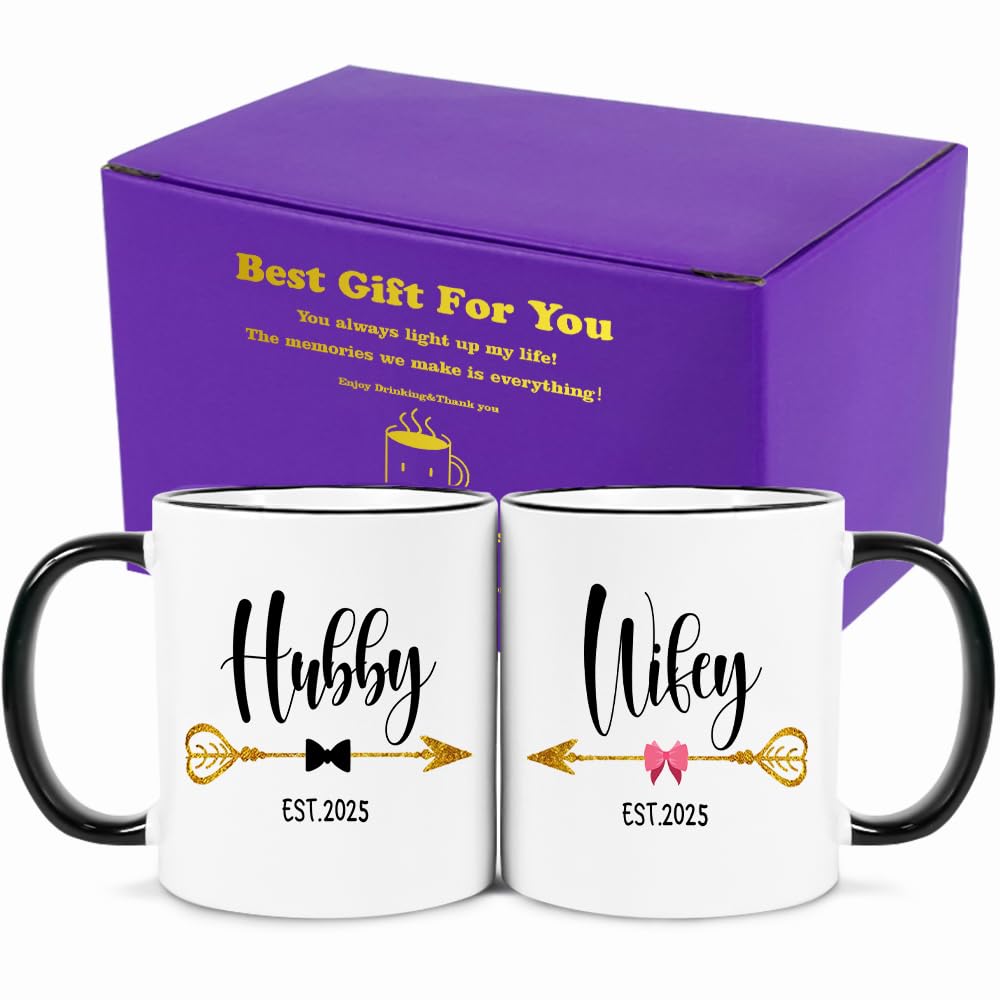 Fatbaby Hubby and Wifey Est 2025 Coffee Mug,Mr and Mrs Couple Mug, Newlywed Gifts for Couples,Unique Bridal Shower Wedding Gifts for Bride and Groom 11oz