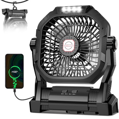 Camping Fan Rechargeable, 20000mAh Battery Powered Portable Fan with LED Light & Hook, 4-Speed 270° Adjustable, Camping Es...
