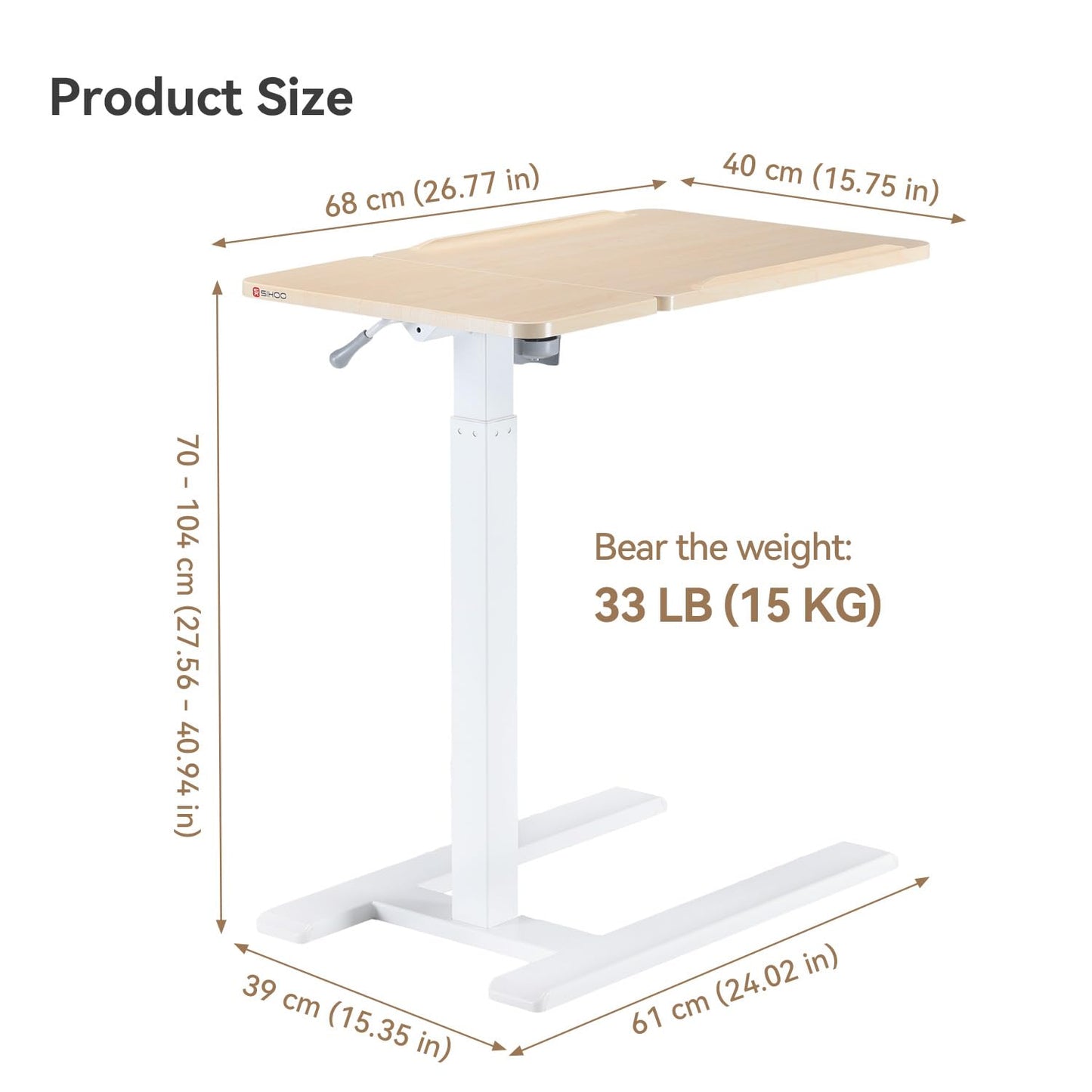 SIHOO D01 Medical Adjustable Tilt Overbed Bedside Table with Wheels Pneumatic Mobile Standing Laptop Desk Rolling Computer Cart Movable Bed Hospital Home Use （White Oak）