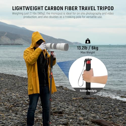 NEEWER 67.7" Camera Monopod Stand, Lightweight Carbon Fiber Travel Tripod with Detachable Base for DSLR Camcorder Video Re...