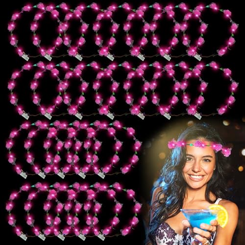 YOFOBU 24PCS LED Flower Crown,Pink Light Up Flower Headband for Women,Glow in The Dark Flower Wreath Crowns for Weddings,B...