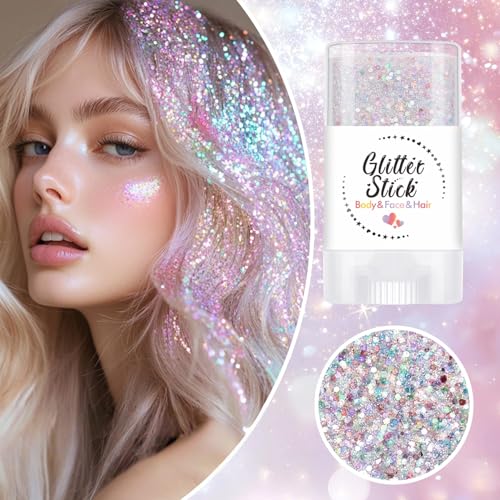 Body Glitter Stick, Neon Outfit Party Holographic Sparkling Sequins Face Paint Mardi Gras Accessories Hair Glitter Gel Mak...