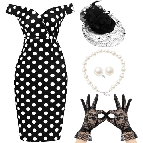 JenPen 5 Pcs Halloween Vintage Polka Dot Dress for Women 1950s Derby Tea Party Attire Retro Pencil Bodycon
