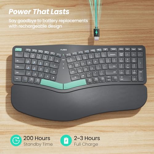 Nulea Wireless Ergonomic Keyboard, Split Keyboard with Cushioned Wrist Rest, USB and Bluetooth Connectivity, USB-C Recharg...