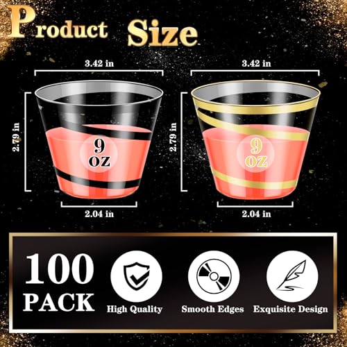 Dualshine 100 PCS Black and Gold Rimmed Swirl Clear Plastic Cups, 9 oz Disposable Plastic Wine Glasses, Heavy Duty Cocktai...