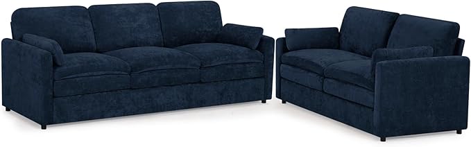 ACMEASE 2 Pieces Chenille Sofa Set w/Arm Pillows, Upholstered Loveseat & 3 Seater Sofa w/Comfortable Back Cushions, Modern 2-Seat & 3-Seat w/High-Density Foam for Living Room, Apartment, Blue