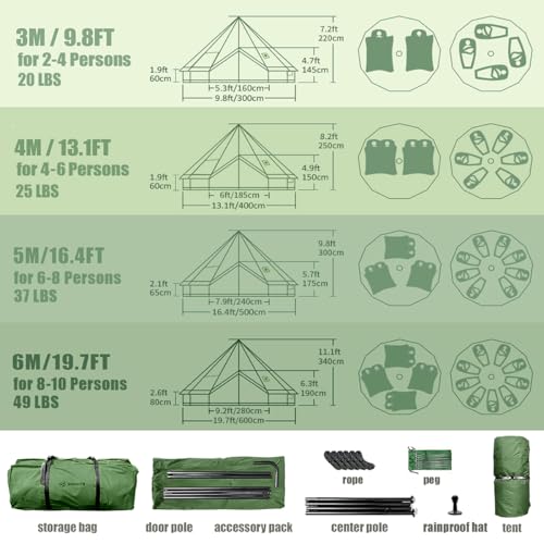 Bell Yurt Tent with Stove Jack, Waterproof Luxury 4 Season Tent 420D Oxford Cloth Green Glamping Tents for Family Outdoor ...
