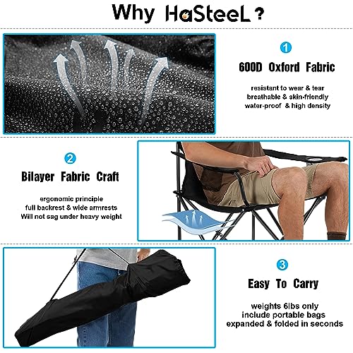 HaSteeL Foldable Camping Chair Set of 2, Folding Camp Chairs for Adults, Large Portable Lawn Chair for Outdoors Fishing, H...