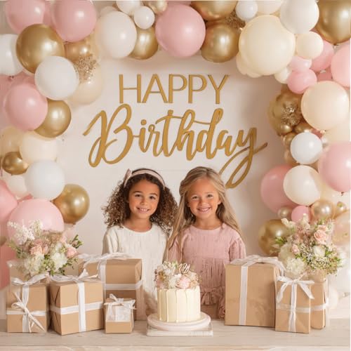 Pink Gold White Balloon Arch Kit, Pastel Light Pink and Beige Sand White Gold Chrome Balloon Garland Kit for Girls Women B...