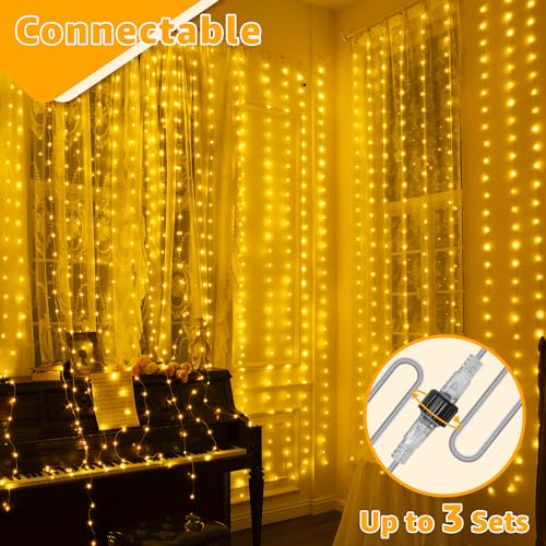 Ollny Curtain Lights 300LED 9.8ftx9.8ft, Connectable IP67 Waterproof Outdoor Curtain String Lights with Remote, Plug-in Un...