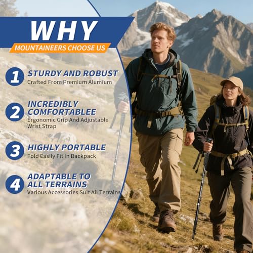 Folding Hiking Poles - 2-Piece Adjustable Trekking Poles, Lightweight Collapsible Walking Stick for Women Men Seniors, Bac...