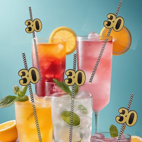 NIEITRK 24PCS Black Gold 30st Birthday Card Straws, Biodegradable Paper Straws with Number 30 for Bar Drinks, Milestone Ce...