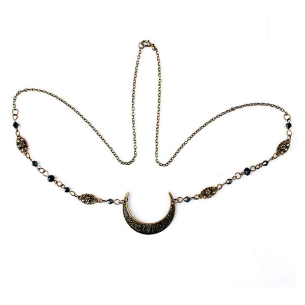 Aimimier Viking Crystal Head Moon Circlet Headpiece Crescent Forehead Chain Halloween Crystal Headband Prom Hair Jewelry for Women (Retro Gold)