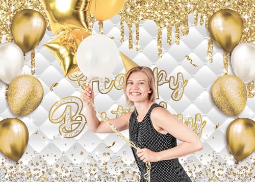 PGSWEER 7x5ft White Gold Birthday Backdrop Glitter Sequins Balloon Diamond Fluid Background Women Girls Men Luxury Party B...