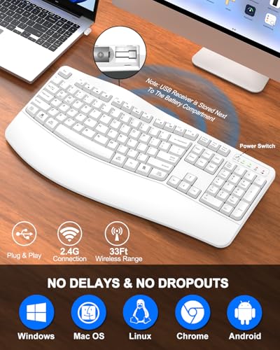 QUASIO Ergonomic Wireless Keyboard with Wrist Rest, Wave Keys, Comfortable Natural Typing, 2.4GHz Full Size Ergo Wireless ...