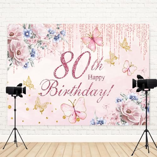 ASDCXZ 5x3ft Happy 80th Birthday Backdrop for Women Flowers Photography Background Pink Floral Golden Butterfly Grandma 80...